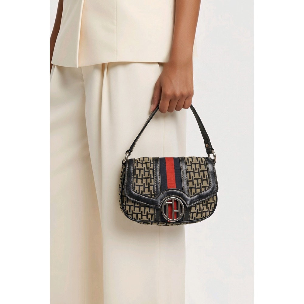 Tommy Hilfiger Mini Shoulder Bag Monogram Canvas Web Stripe Black Beige 1430
